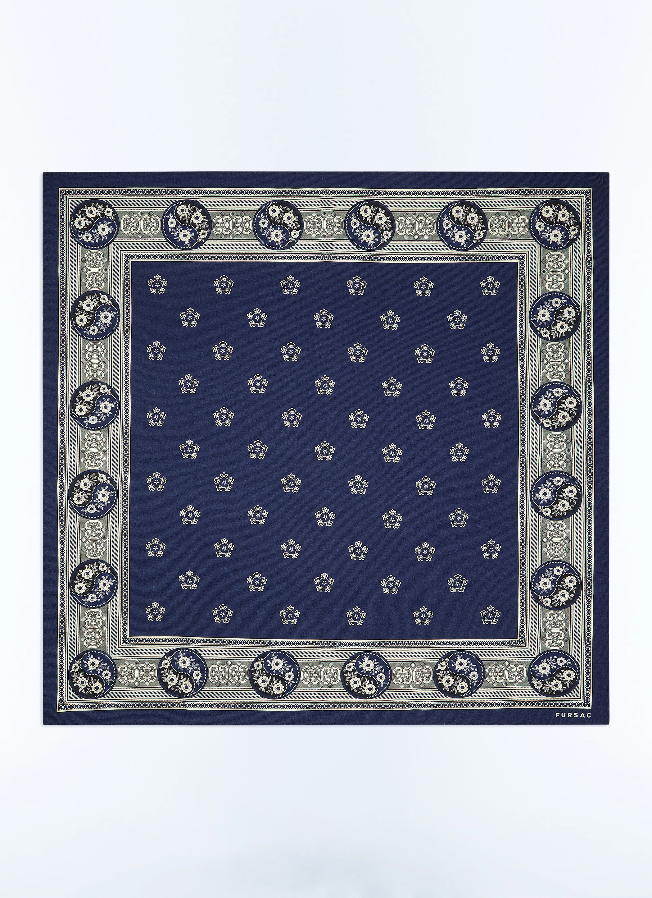 Navy Blue Yin Yang Print Silk Bandanas for Men - Fursac