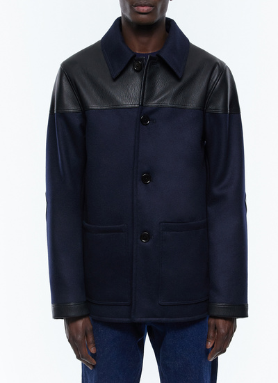 Blouson homme bleu marine drap de laine mélangée et cuir Fursac - M3EKEY-EM34-D030