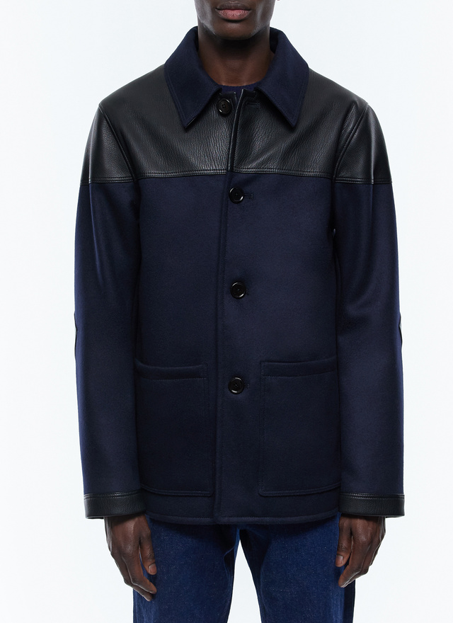 Blouson homme bleu marine drap de laine mélangée et cuir Fursac - M3EKEY-EM34-D030
