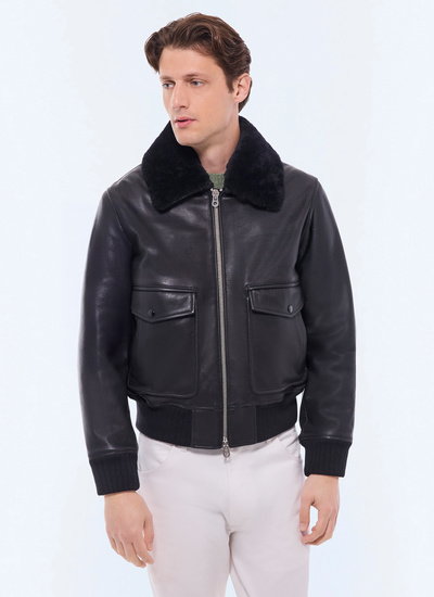 Blouson en cuir homme noir cuir de vache et laine de mouton Fursac - M3GOTT-GL02-B020