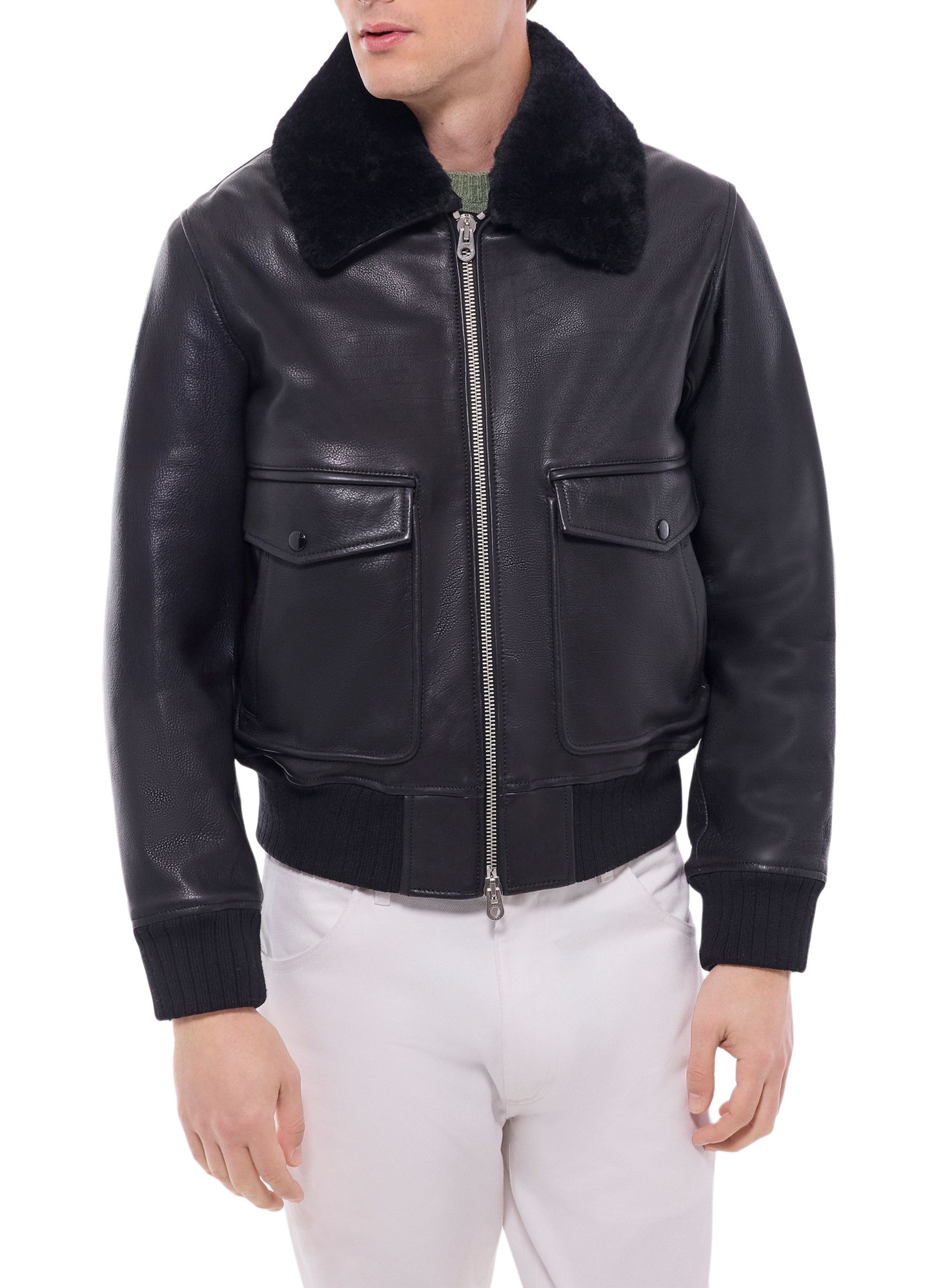 Blouson en cuir homme noir cuir de vache et laine de mouton Fursac - M3GOTT-GL02-B020