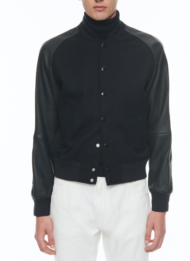 Blouson en cuir homme bleu marine drap de laine et cuir d'agneau Fursac - M3CADY-CM31-D030