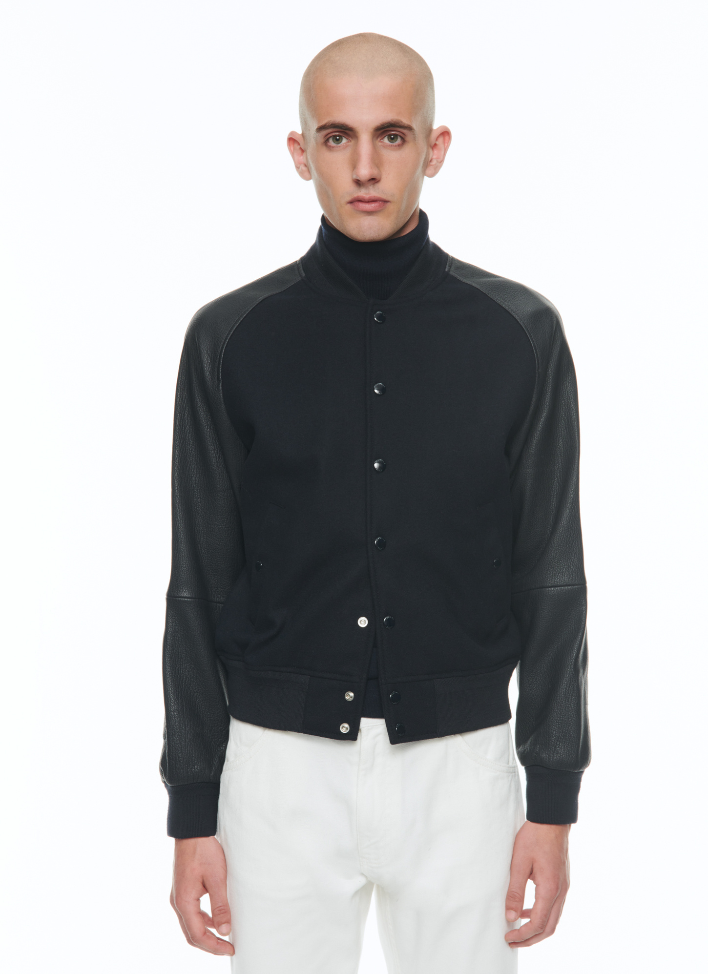 Blouson en cuir homme bleu marine drap de laine et cuir d'agneau Fursac - M3CADY-CM31-D030