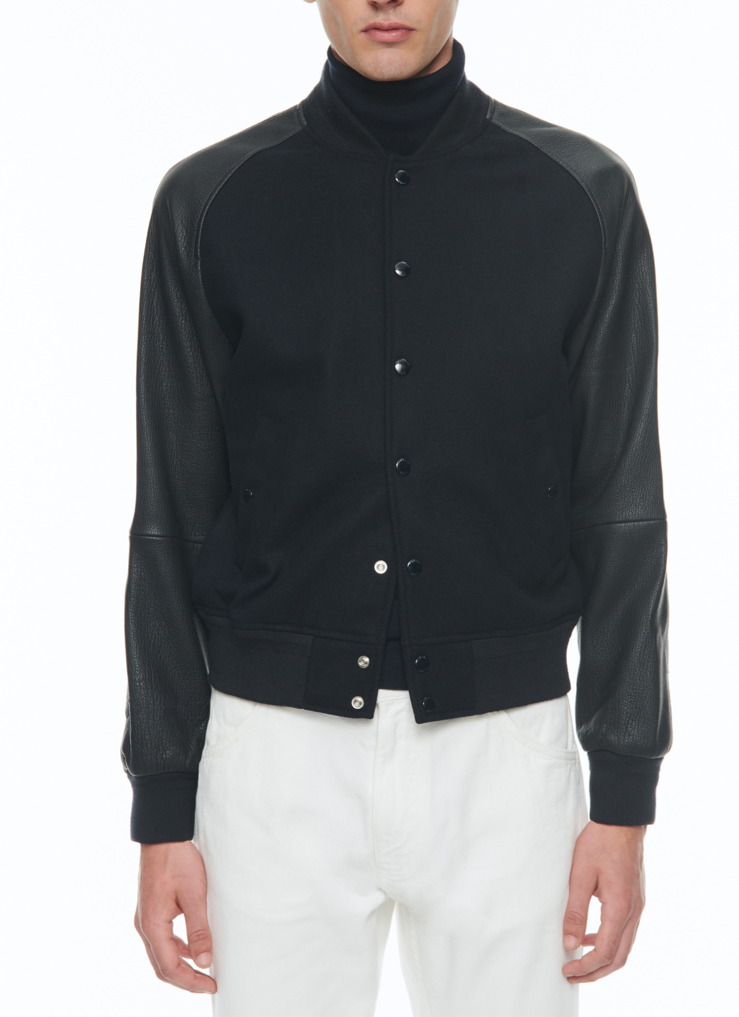 Blouson en cuir homme bleu marine drap de laine et cuir d'agneau Fursac - M3CADY-CM31-D030