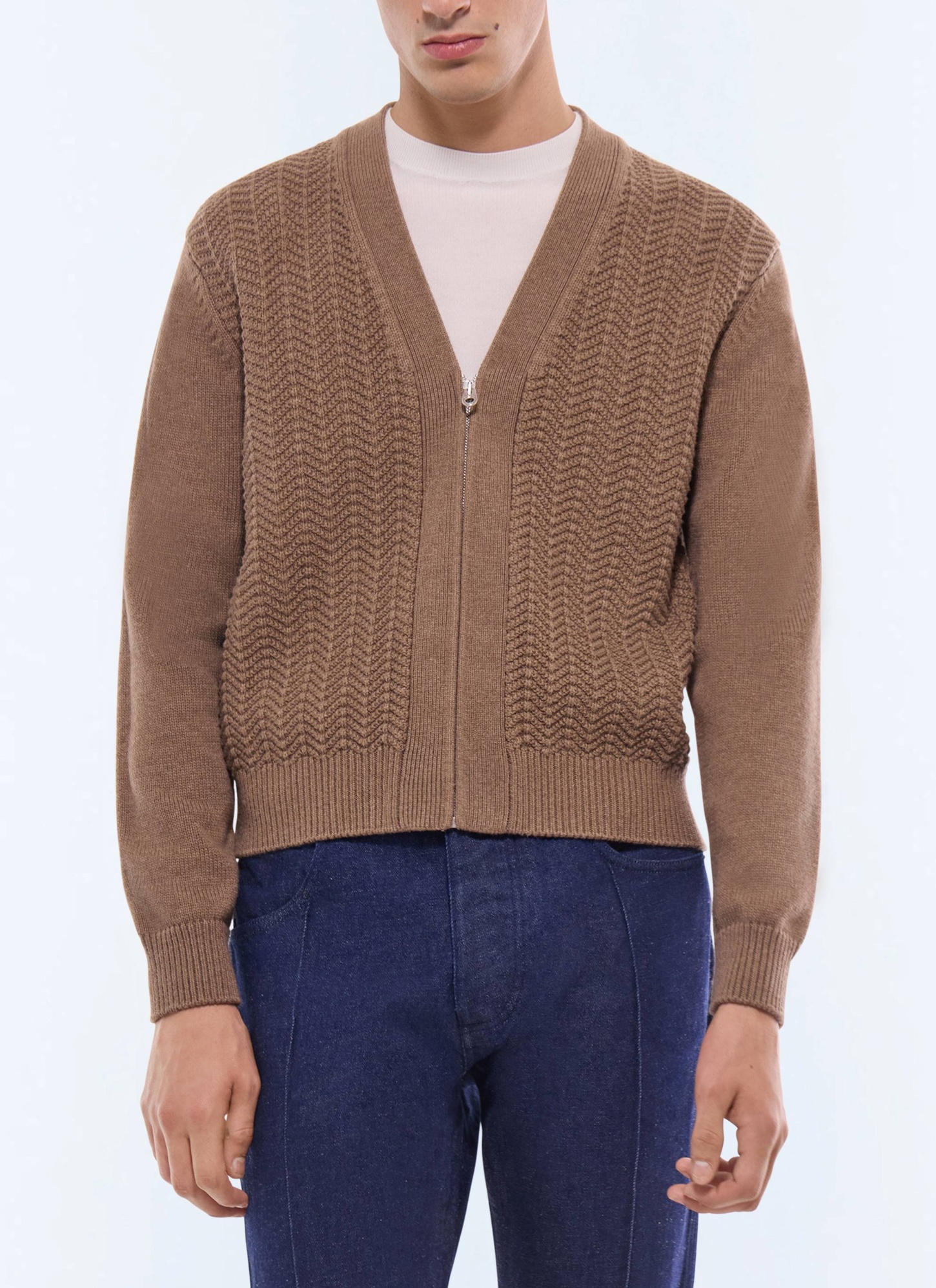 Men's cardigan taupe brown wool and cotton Fursac - A2JADI-JA07-G014