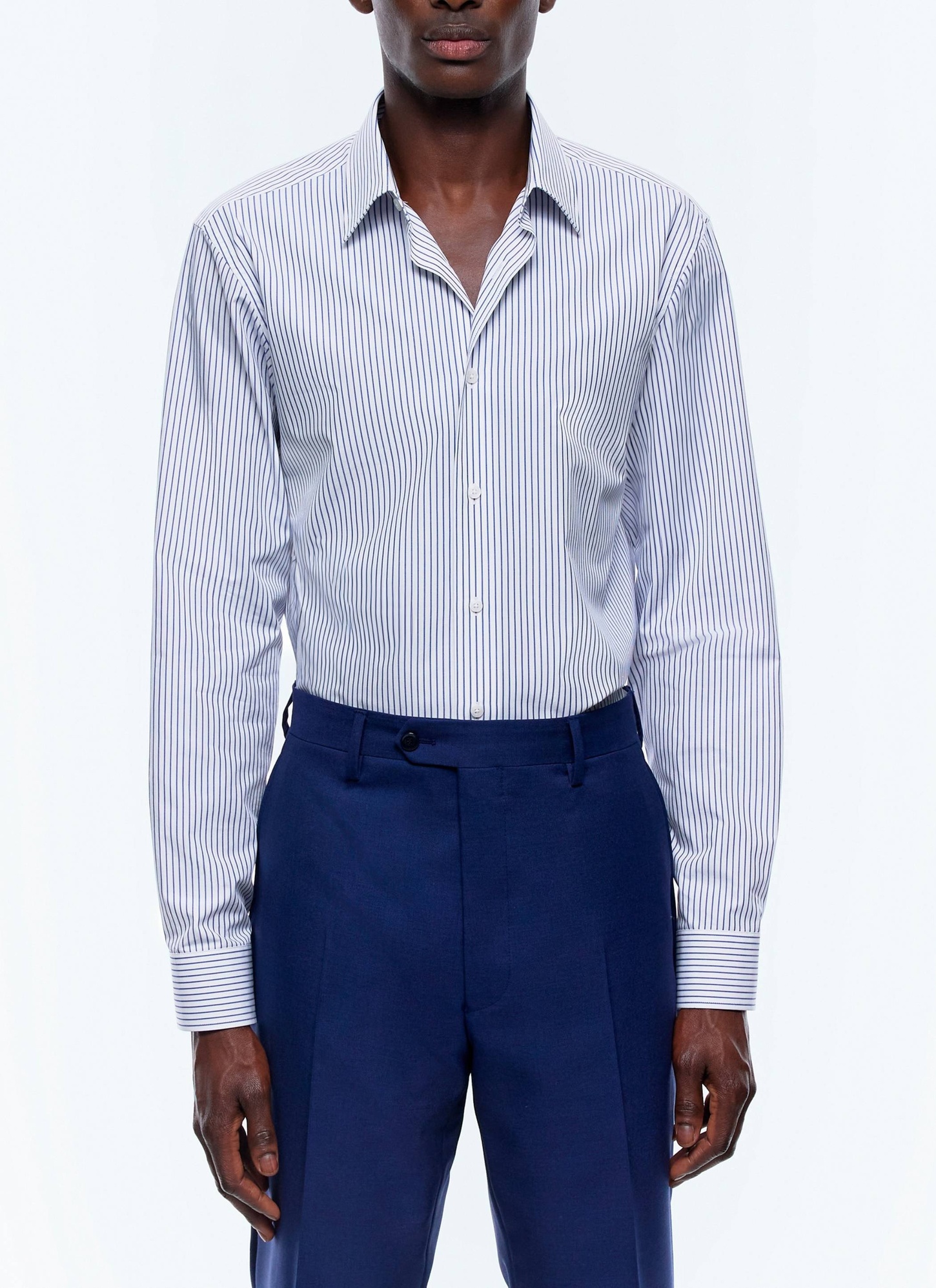 Chemise homme rayures blanches et bleues twill de coton biologique Fursac - H3AXAN-EH26-D016