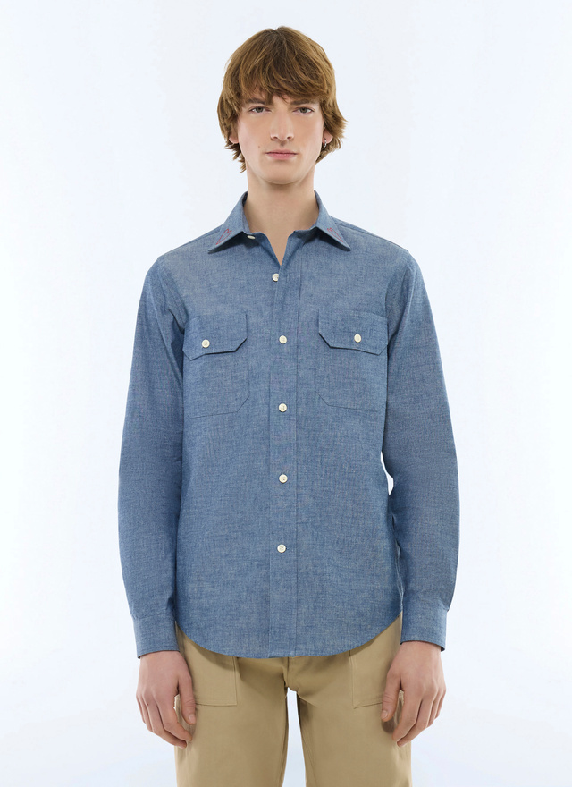 Chemise homme bleu effet denim chambray de coton Fursac - H3FILI-VH09-38