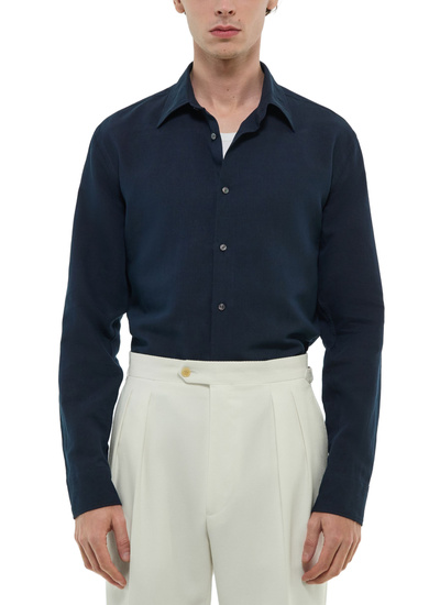 Chemise homme bleu marine toile de lin et coton certifiés Fursac - H3EDAV-DH50-D030