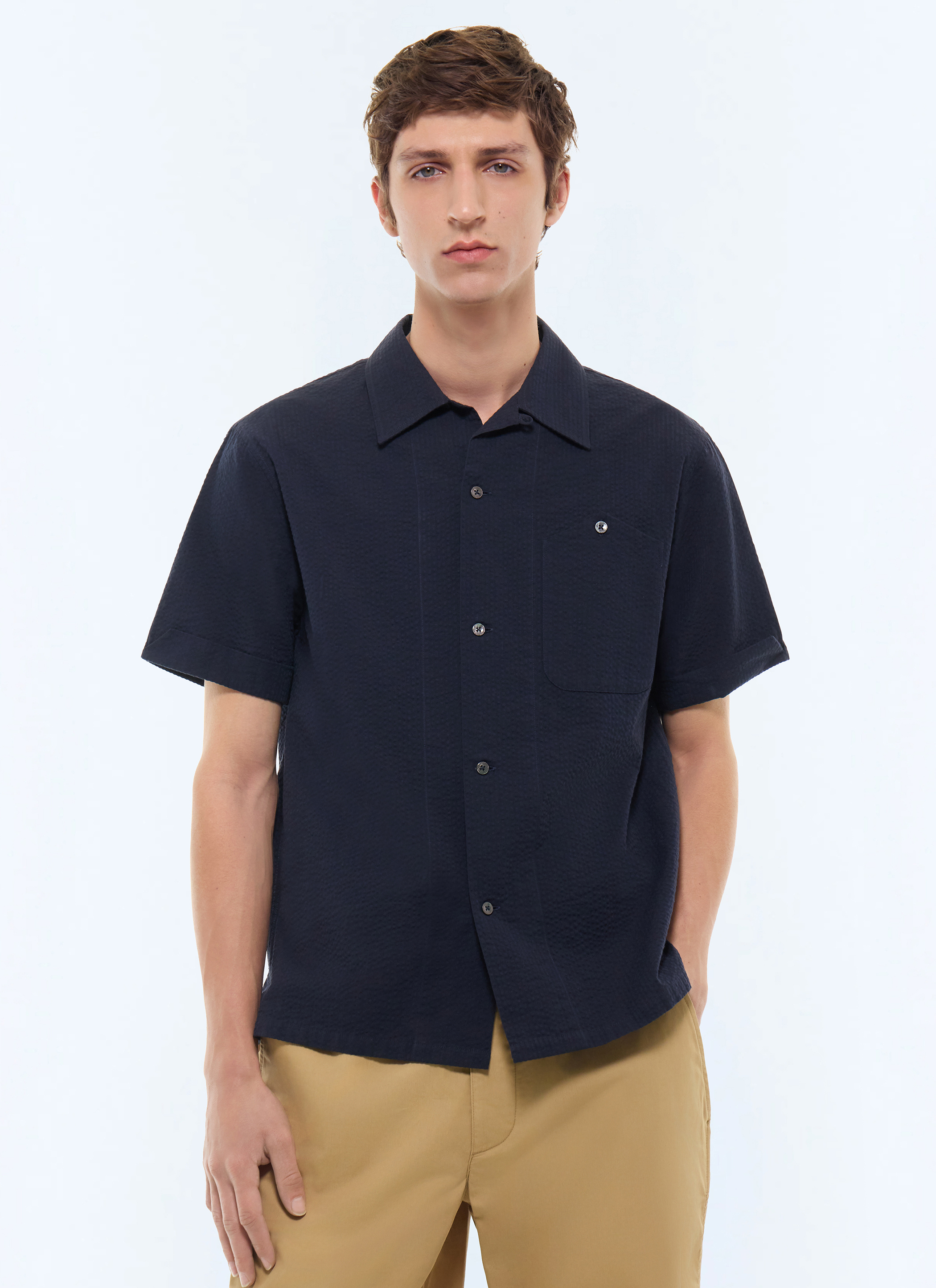 FURSAC - Chemisette en seersucker de coton - Homme - Taille XL - Bleu - Coupe Droite