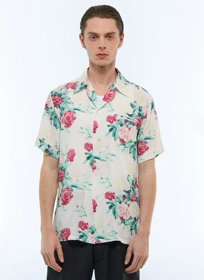 Chemise homme motif floral vert, rose et blanc viscose certifiée Fursac - H3DUNY-FH24-L001