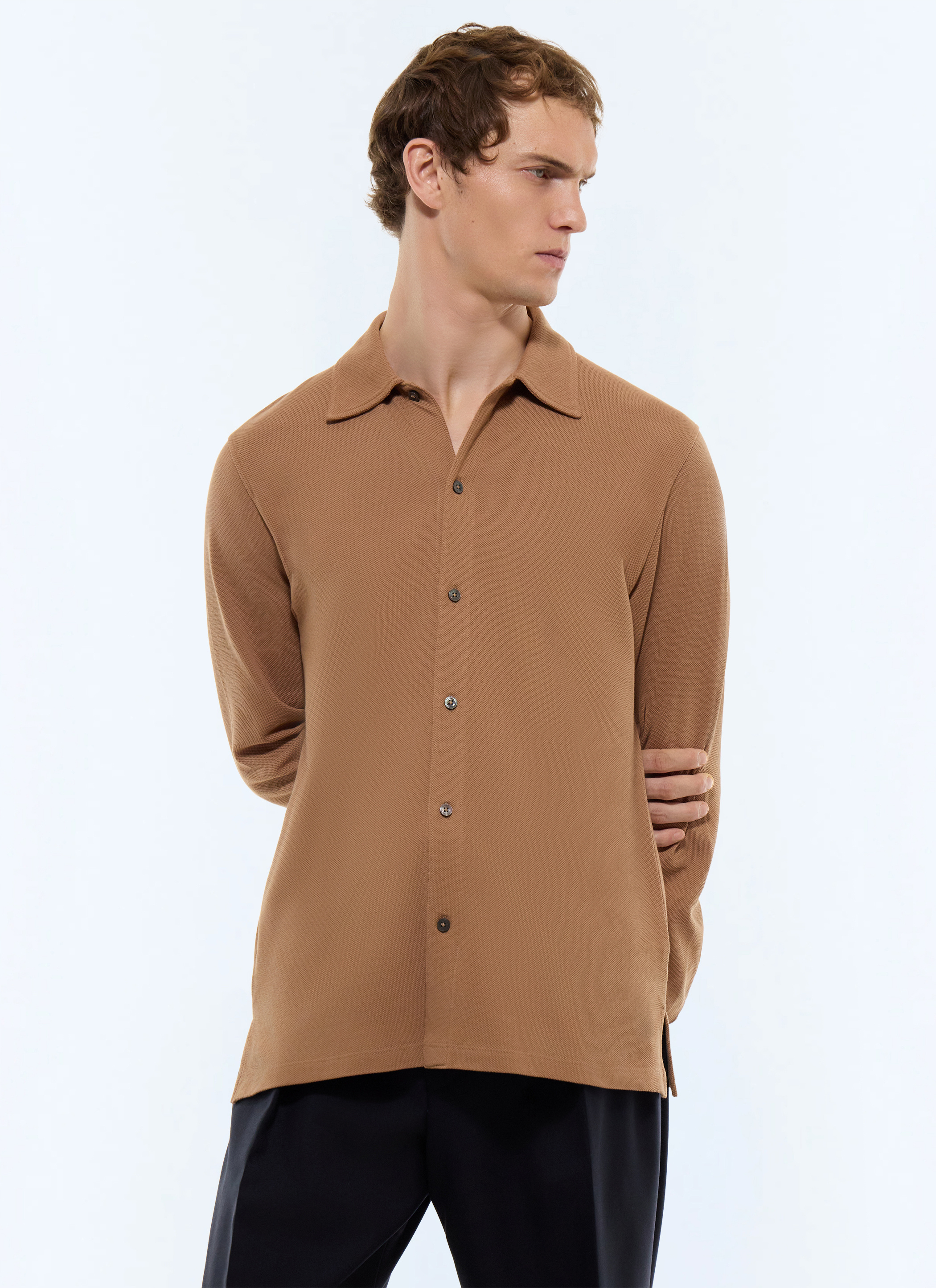 FURSAC - Chemise en jersey piqué de coton - Homme - Taille L - Brun - Coupe Droite