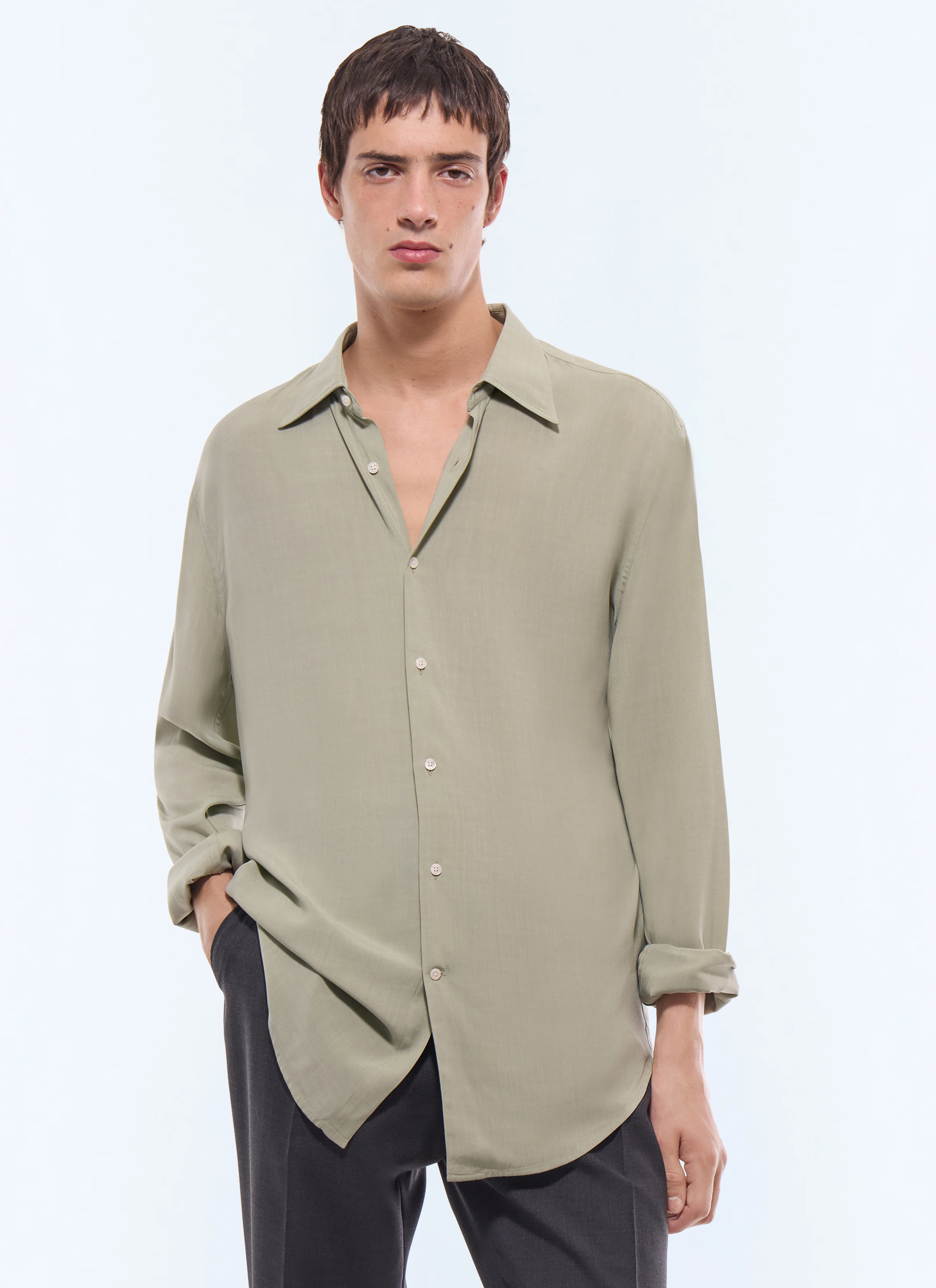 FURSAC - Chemise col hirondelle en viscose - Homme - Taille S - Vert - Coupe Ajustée