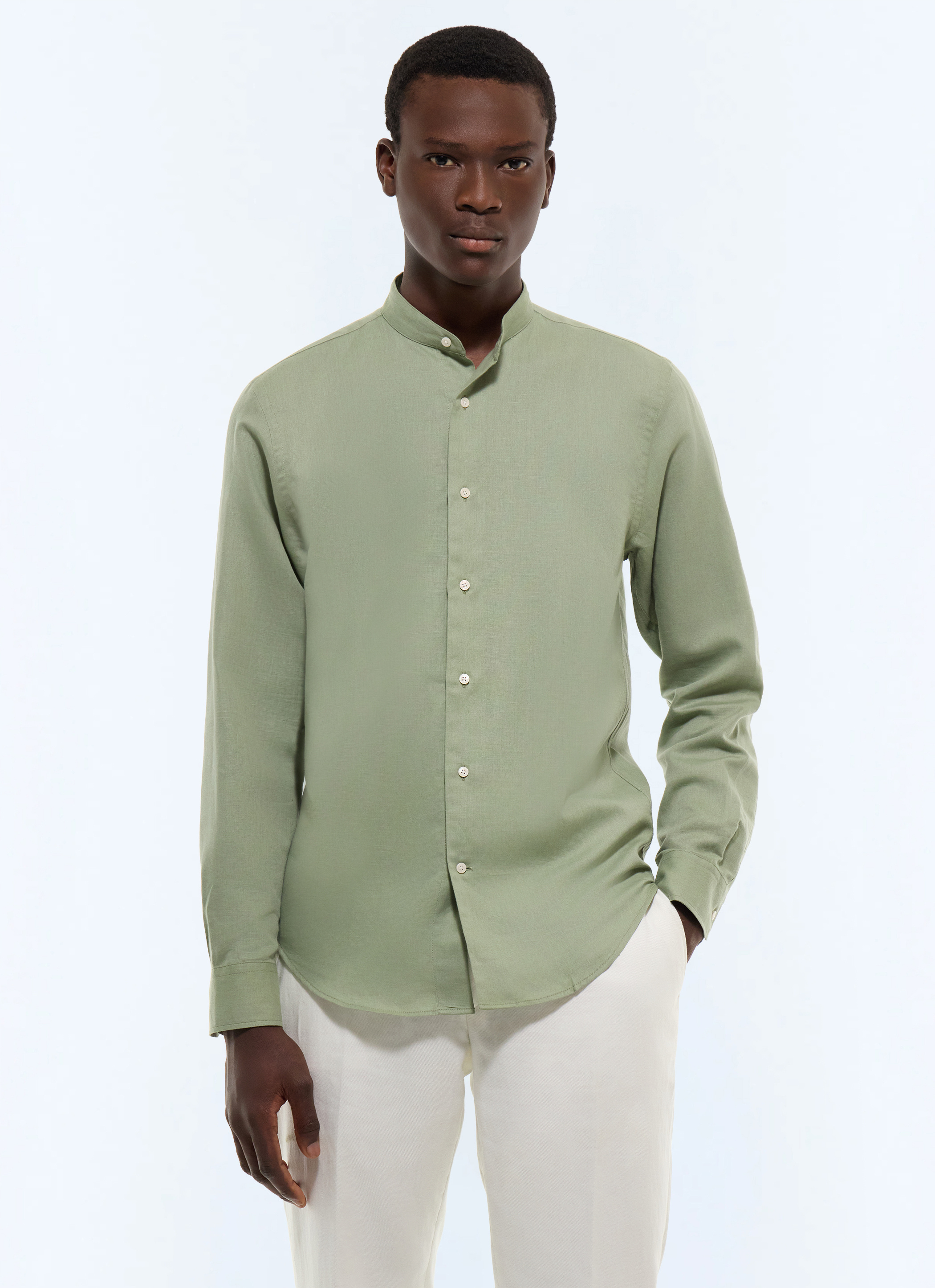 FURSAC - Chemise col grand-père en coton et lin - Homme - Taille XL - Vert - Coupe Droite