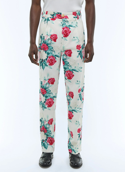 Men's chino trousers green, pink and white floral pattern cotton and linen canvas Fursac - P3CARO-FX12-L001