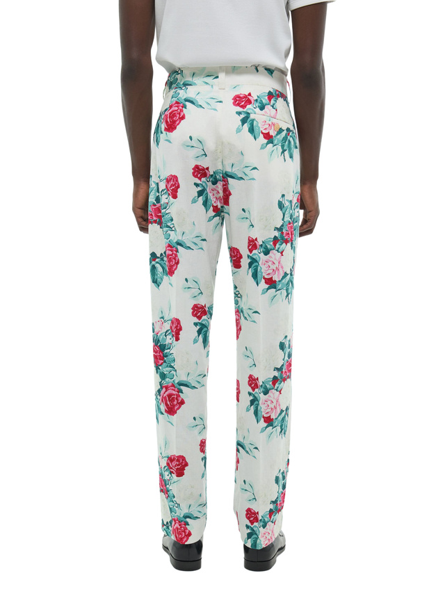 Men's chino trousers green, pink and white floral pattern cotton and linen canvas Fursac - P3CARO-FX12-L001