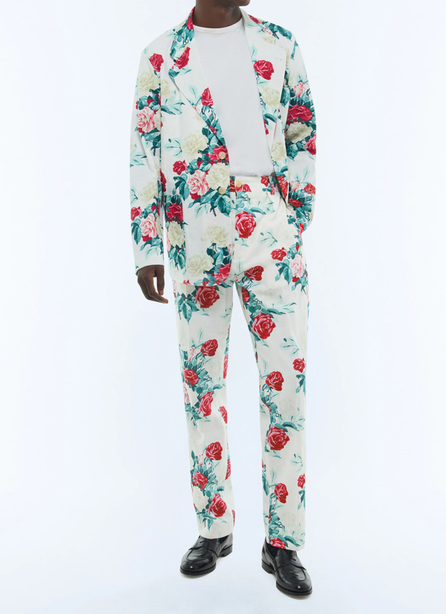 Costume homme motif floral vert, rose et blanc toile de coton et lin Fursac - C3FANA-FX12-L001