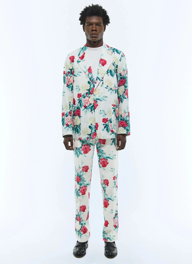 Costume homme motif floral vert, rose et blanc toile de coton et lin Fursac - C3FANA-FX12-L001