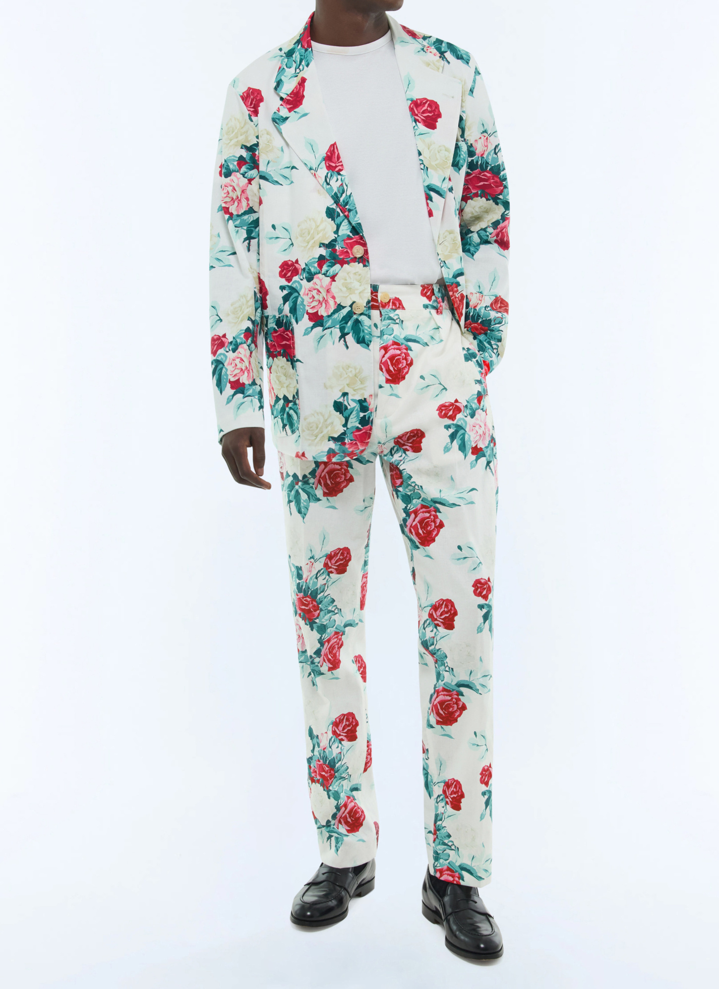 Costume homme motif floral vert, rose et blanc toile de coton et lin Fursac - C3FANA-FX12-L001