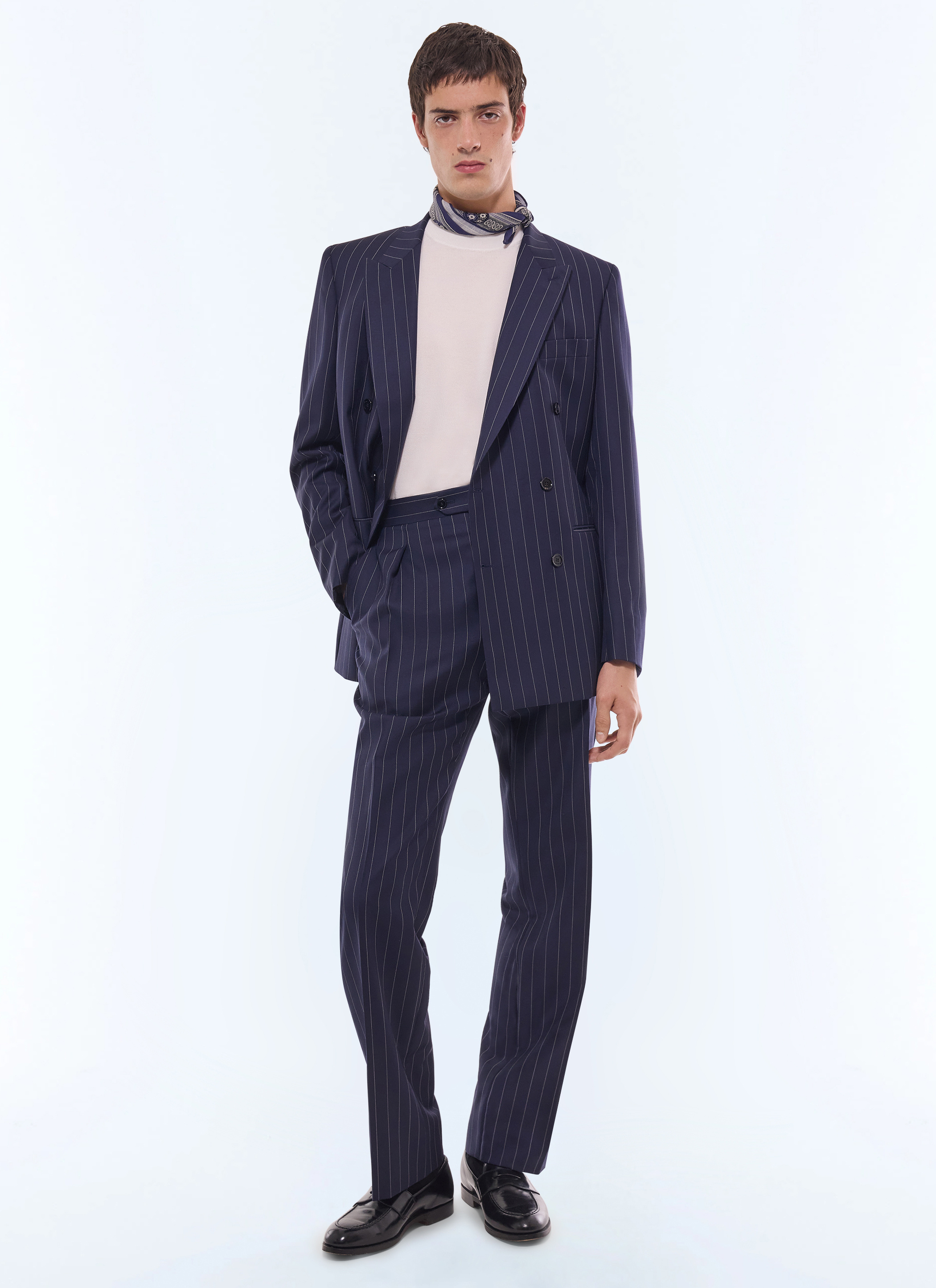 FURSAC - Costume croisé en serge à rayures - Homme - Taille 46 - Bleu - Collection Cérémonie - Mariage