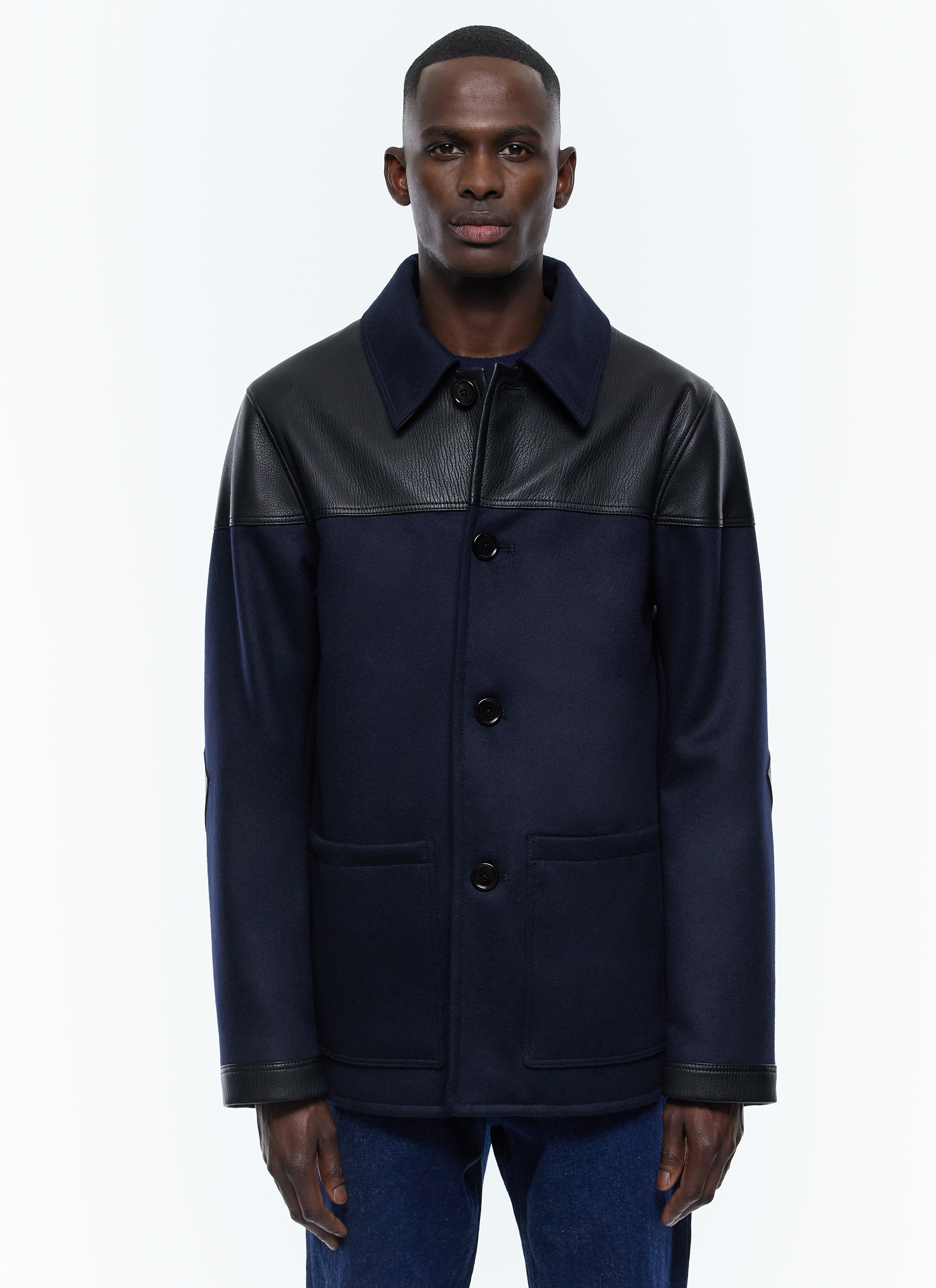 Navy Blue Leather Yoke Jacket for Men - Fursac M3EKEY-EM34-D030