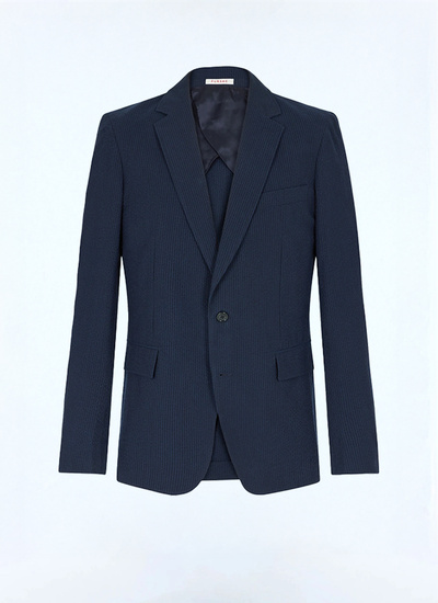 Men's blue, navy blue organic cotton seersucker jacket Fursac - V3FAMO-LX15-D030
