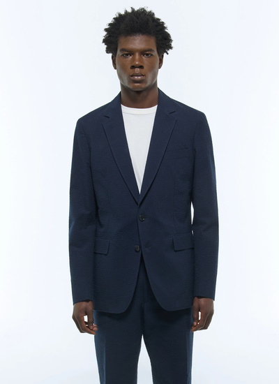 Men's jacket navy blue organic cotton seersucker Fursac - V3FAMO-LX15-D030