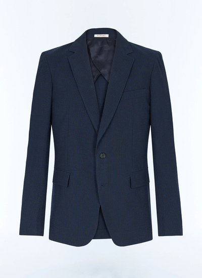 Men's blue, navy blue organic cotton seersucker jacket Fursac - V3FAMO-LX15-D030