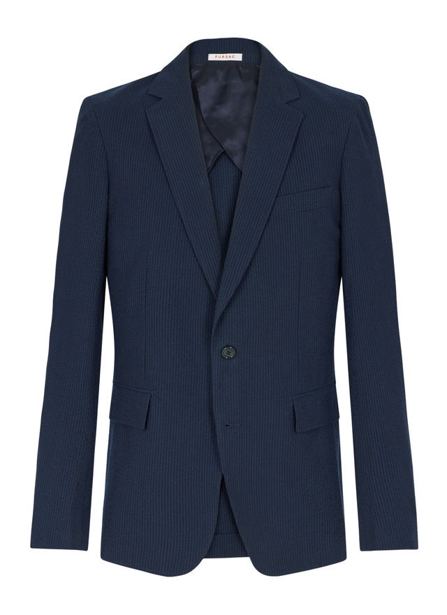 Men's blue, navy blue organic cotton seersucker jacket Fursac - V3FAMO-LX15-D030
