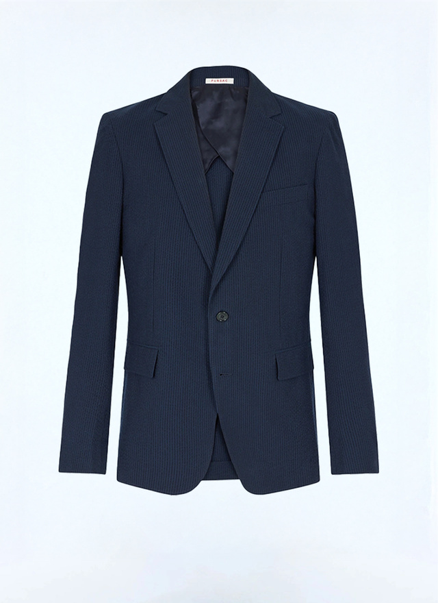 Men's blue, navy blue organic cotton seersucker jacket Fursac - V3FAMO-LX15-D030