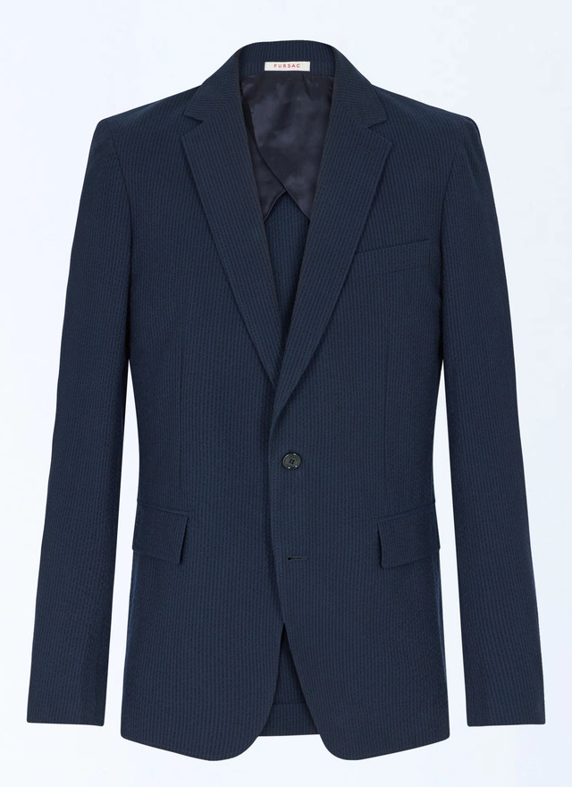 Men's blue, navy blue organic cotton seersucker jacket Fursac - V3FAMO-LX15-D030