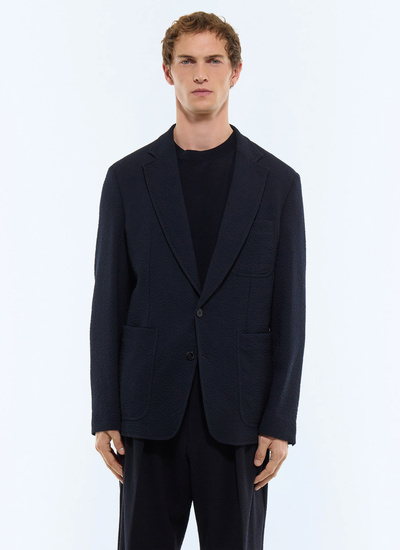 Men's jacket navy blue certified virgin wool seersucker crepe effect Fursac - V3JADO-JX04-D030