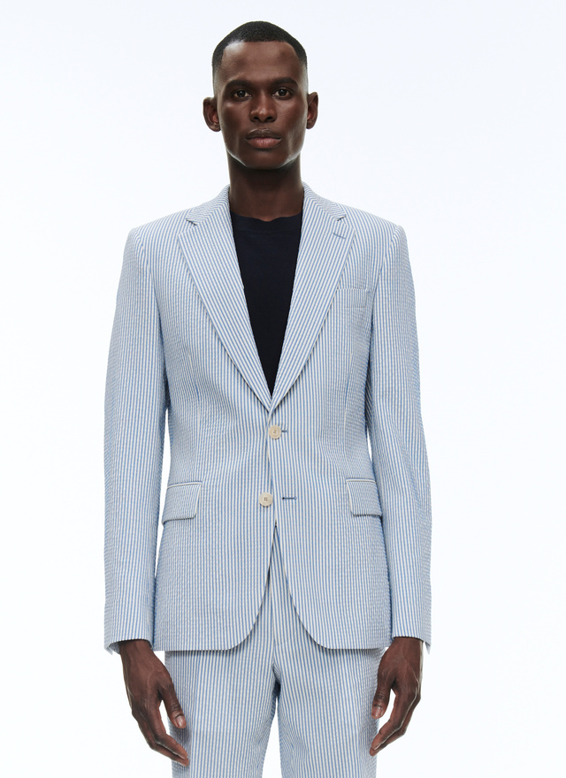 Men's jacket white and blue stripes virgin wool seersucker Fursac - V3BULL-BX05-34