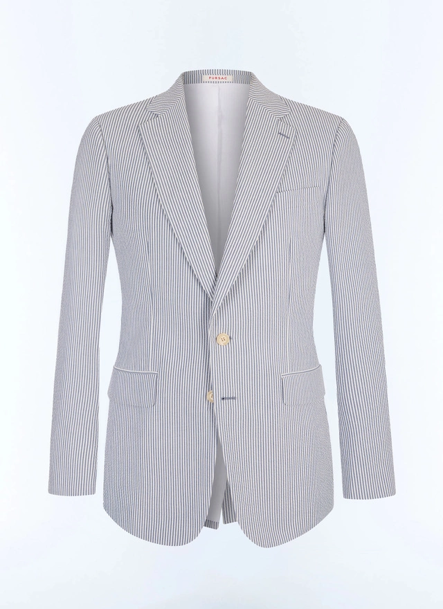 Men's blue, navy blue organic cotton seersucker jacket Fursac - V3JADA-LX15-D039
