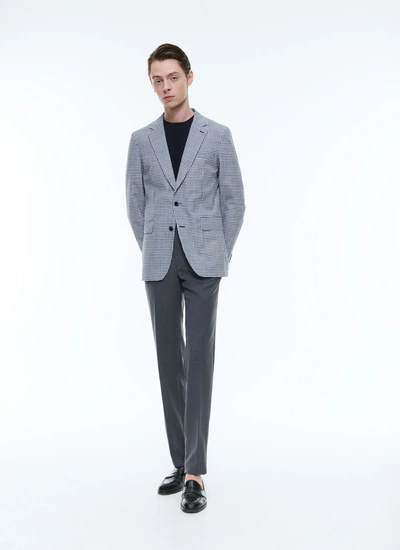 Men's jacket white and dark blue gingham pattern wool, cotton and linen canvas Fursac - V3DEKO-DV04-D027