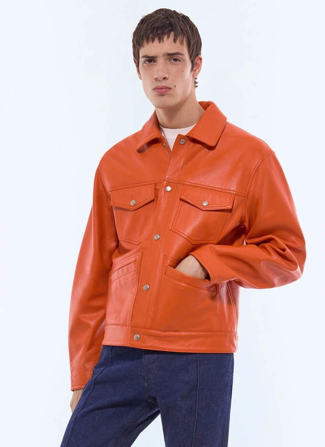 Men's leather jacket orange certified cowhide leather Fursac - M3JICI-JL05-E014