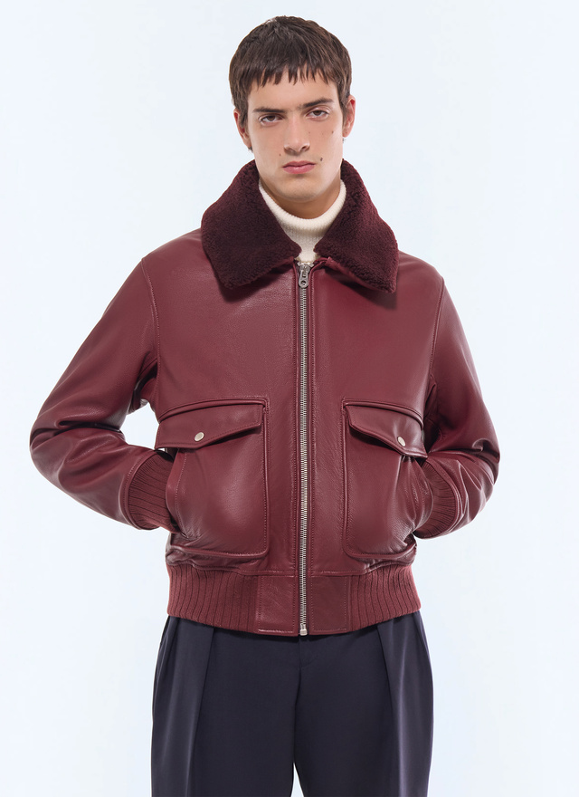Men's leather jacket burgundy cow leather and sheep wool Fursac - M3GOTT-GL02-C014