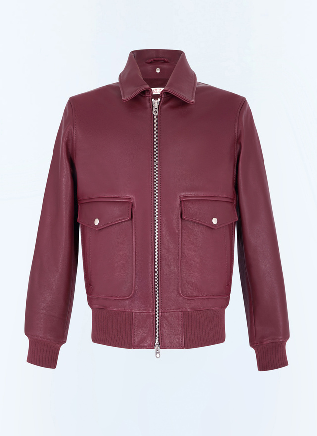 Men's red, bordeaux cow leather and sheep wool leather jacket Fursac - M3GOTT-GL02-C014