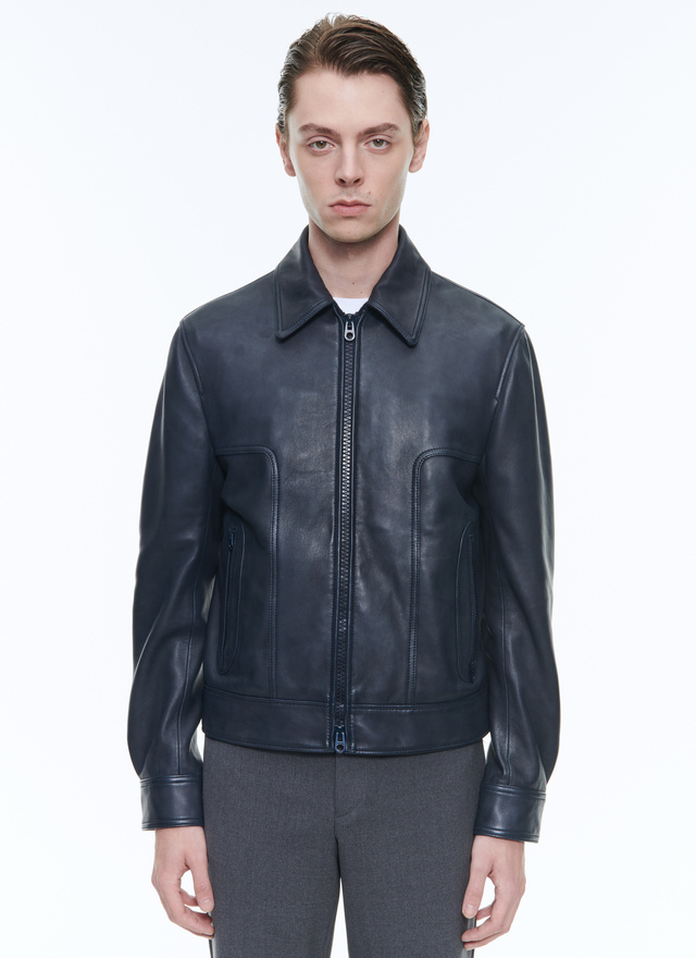 Men's leather jacket navy blue lamb leather Fursac - M3DANN-DL01-D030