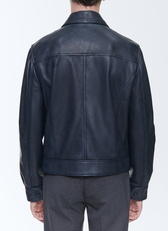 Men's navy blue leather jacket Fursac - M3DANN-DL01-D030