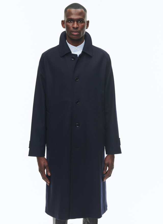 Men's long coat navy blue blended wool and cashmere broadcloth Fursac - M3CODE-TM28-30