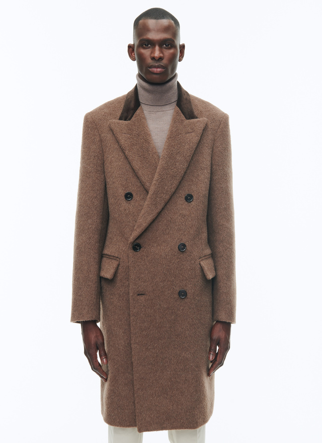 Men's long coat chestnut blended wool and alpaca, velvet collar Fursac - M3ALMA-CM13-G006