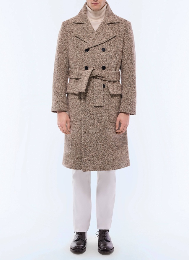 Men's long coat flecked brown blended wool tweed Fursac - M3GIBR-GM20-G013