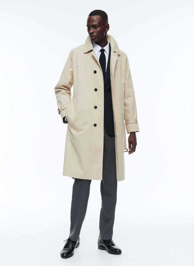 Cotton serge long coat with belt