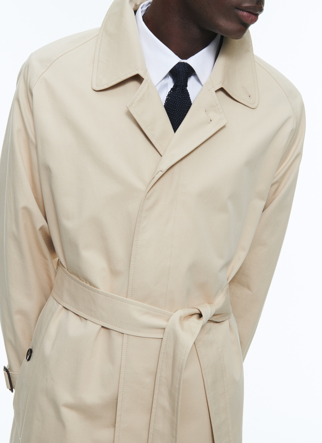 Cotton serge long coat with belt