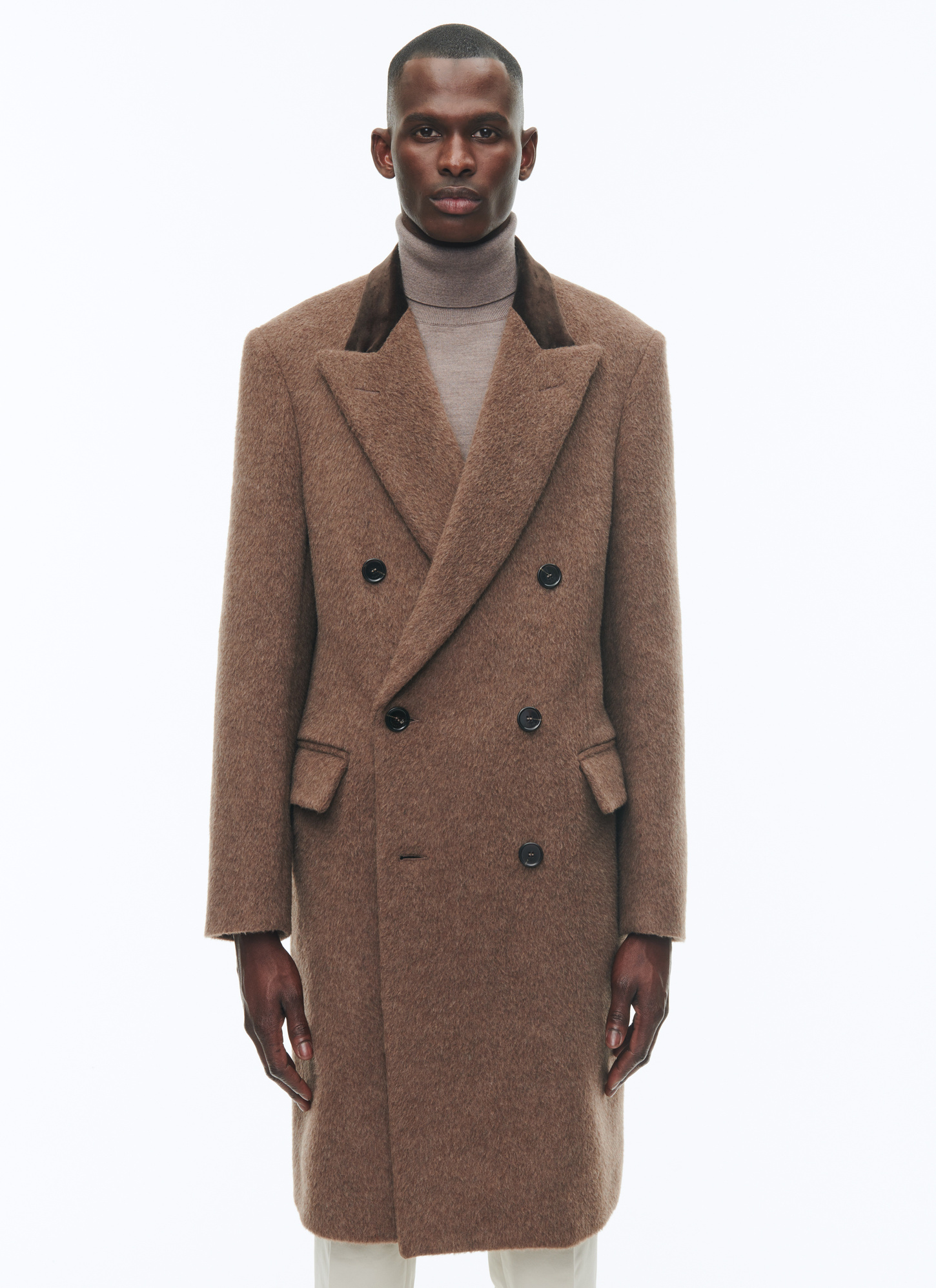 Manteau long homme châtaigne laine et alpaga mélangés, col en velours Fursac - M3ALMA-CM13-G006