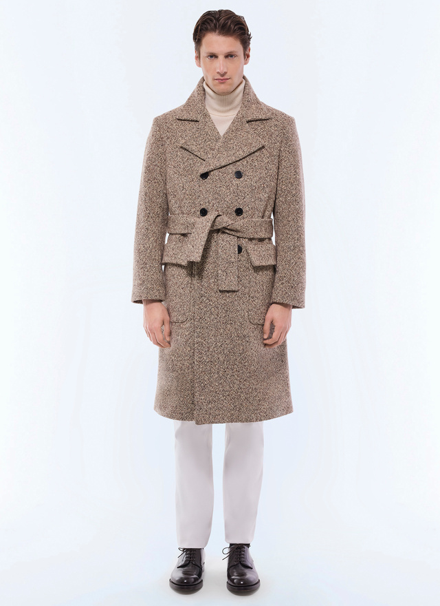 Manteau long homme marron chiné tweed de laine mélangée Fursac - M3GIBR-GM20-G013