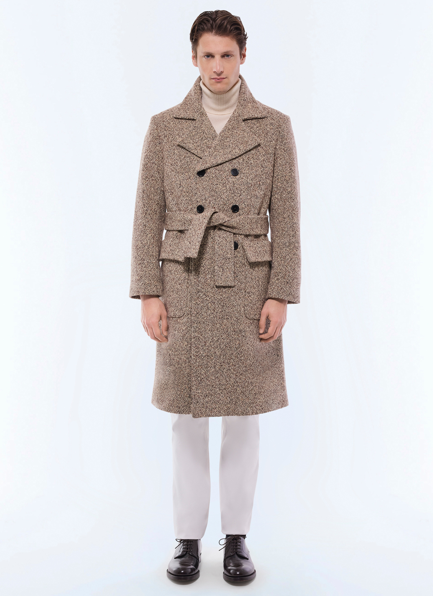 Manteau long homme marron chiné tweed de laine mélangée Fursac - M3GIBR-GM20-G013