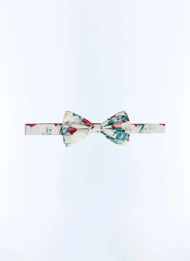 Nœud papillon homme motif floral vert, rose et blanc satin de soie Fursac - D2NPAP-FR18-L001