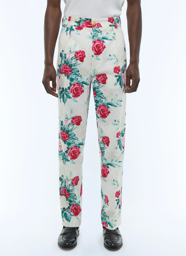 Pantalon chino homme motif floral vert, rose et blanc toile de coton et lin Fursac - P3CARO-FX12-L001