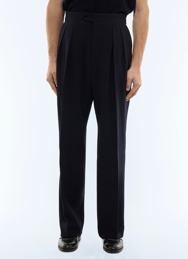 Pantalon homme bleu marine seersucker de laine vierge certifiée effet crêpe Fursac - P3EXIN-JX04-D030